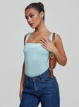 front view of model wearing Princess Polly Keating Bodysuit Baby Blue Sleeveless 