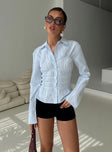 front view of model wearing Princess Polly Liesel Shirred Long Sleeve Top Stripe Full Sleeves V-Neck 