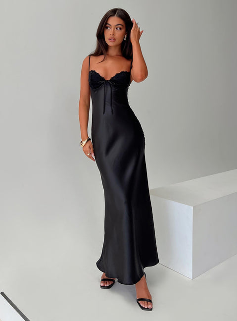 side view of model wearing Princess Polly Fadyen Bias Cut Maxi Dress Black Tall Sweetheart Neckline 