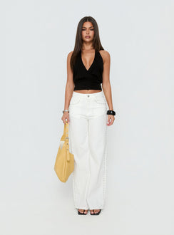 Featuring the Saving Up Mid Rise Straight Leg Studded Jeans White in womens-jeans with silver studded details front view of model wearing Princess Polly
