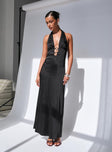 side view of model wearing Princess Polly Fortress Maxi Dress Black Plunger 