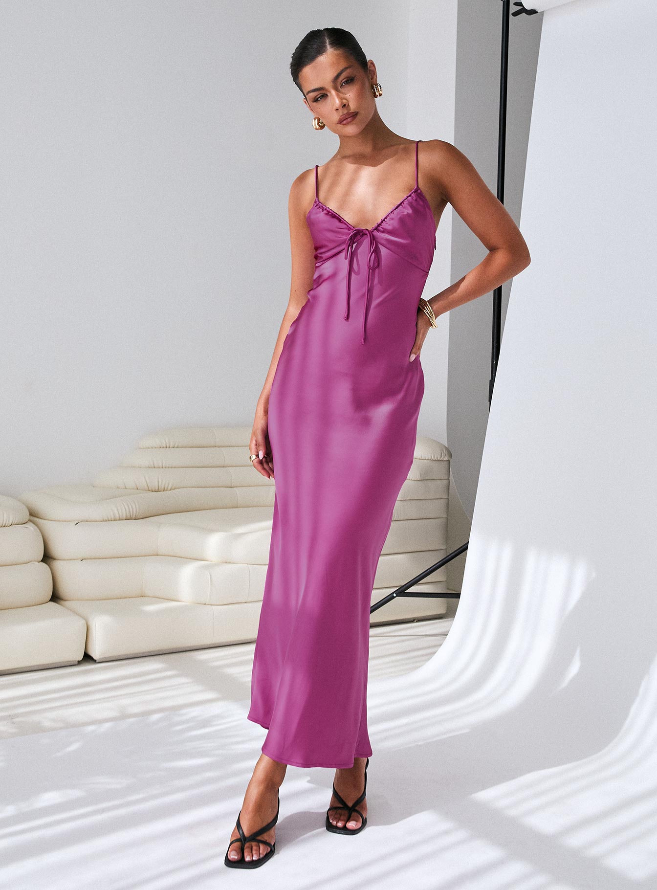 front view of model wearing Princess Polly Maguire Maxi Dress Purple Plunger 