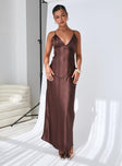 front view of model wearing Princess Polly Angels Only Maxi Dress Chocolate Plunger 