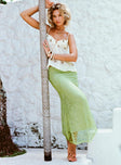   side view of model wearing Princess Polly Dreamcatcher Lace Maxi Skirt Green Maxi 