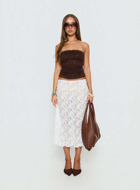   front view of model wearing Princess Polly Toscani Lace Frill Midi Skirt White Midi Skirts 