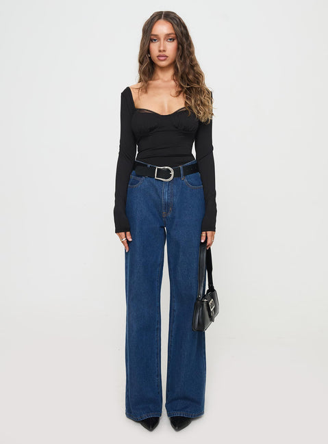 side view of model wearing Princess Polly Peekaboo Long Sleeve Bodysuit Black Full Sleeves Sweetheart 