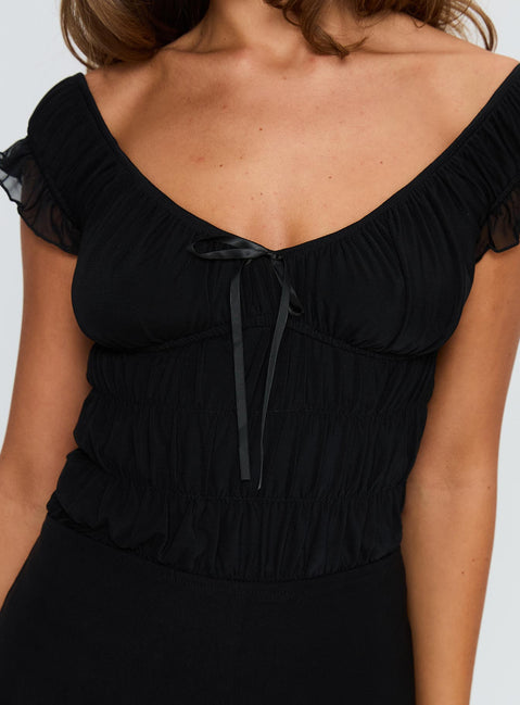 back view of model wearing Princess Polly Ahead Of Myself Off Shoulder Bodysuit Black Short Sleeves 