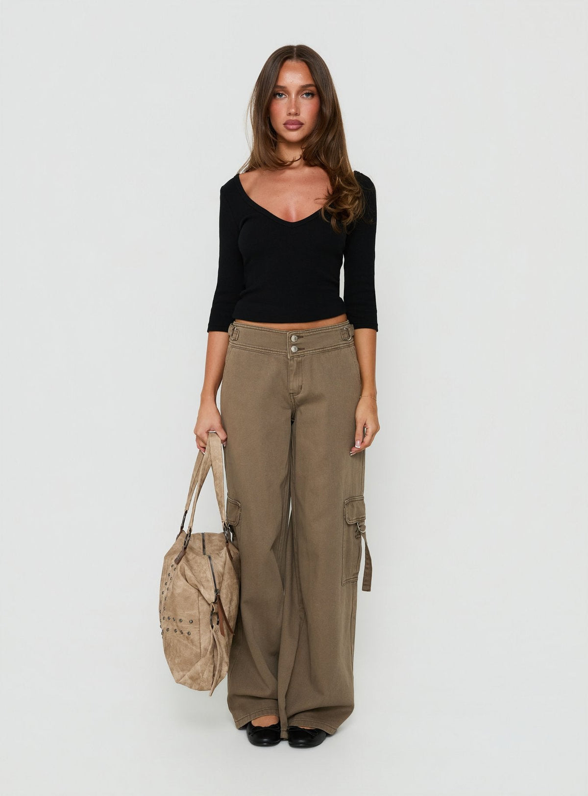 Kellenna Cargohose mit geradem Bein, niedrigem Bund, Taupe