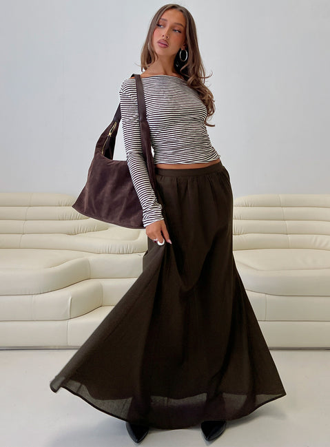   side view of model wearing Princess Polly Hallee Maxi Skirt Brown Maxi 
