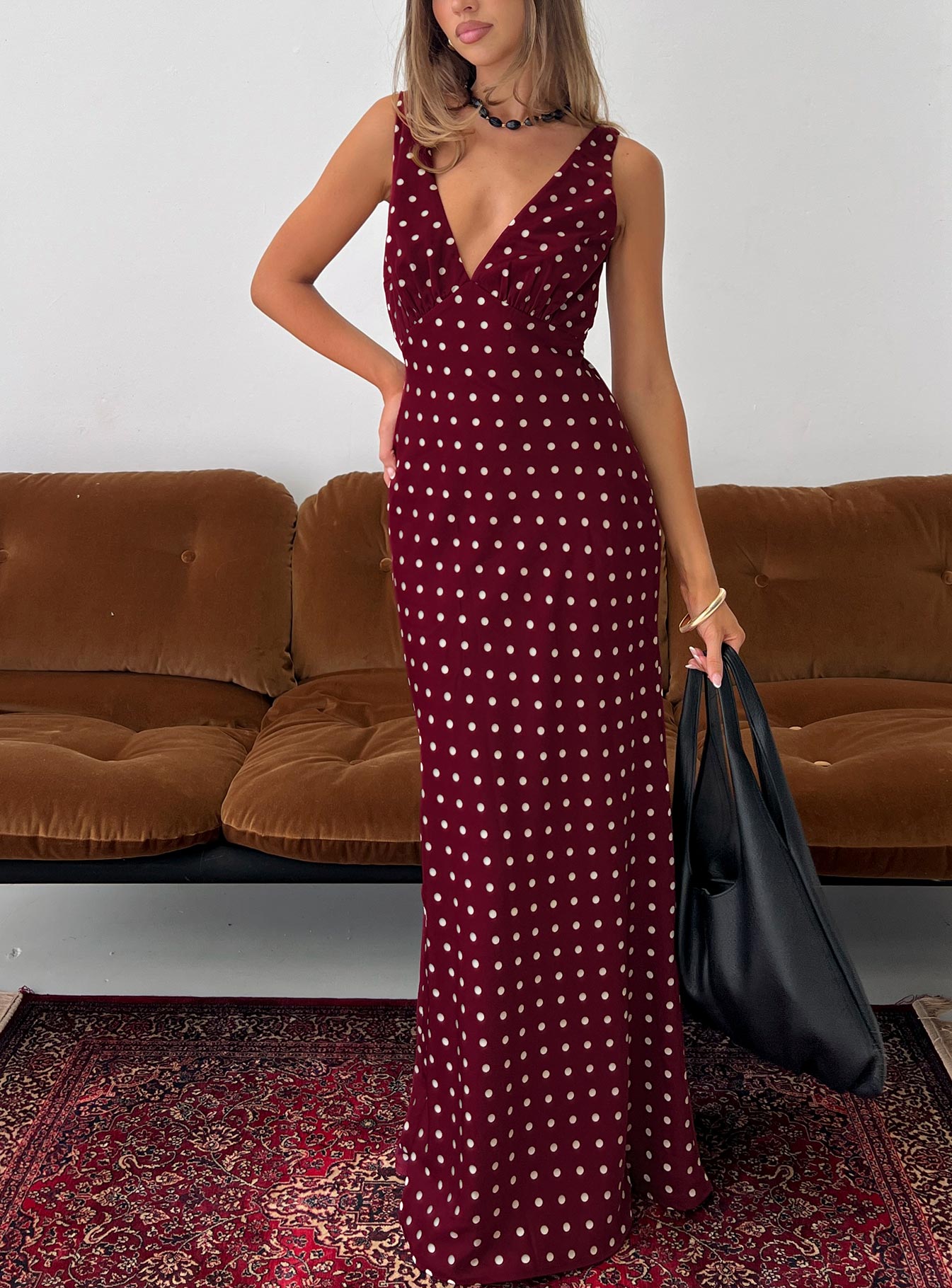 Nellie Maxi Dress Burgundy Polka Dot