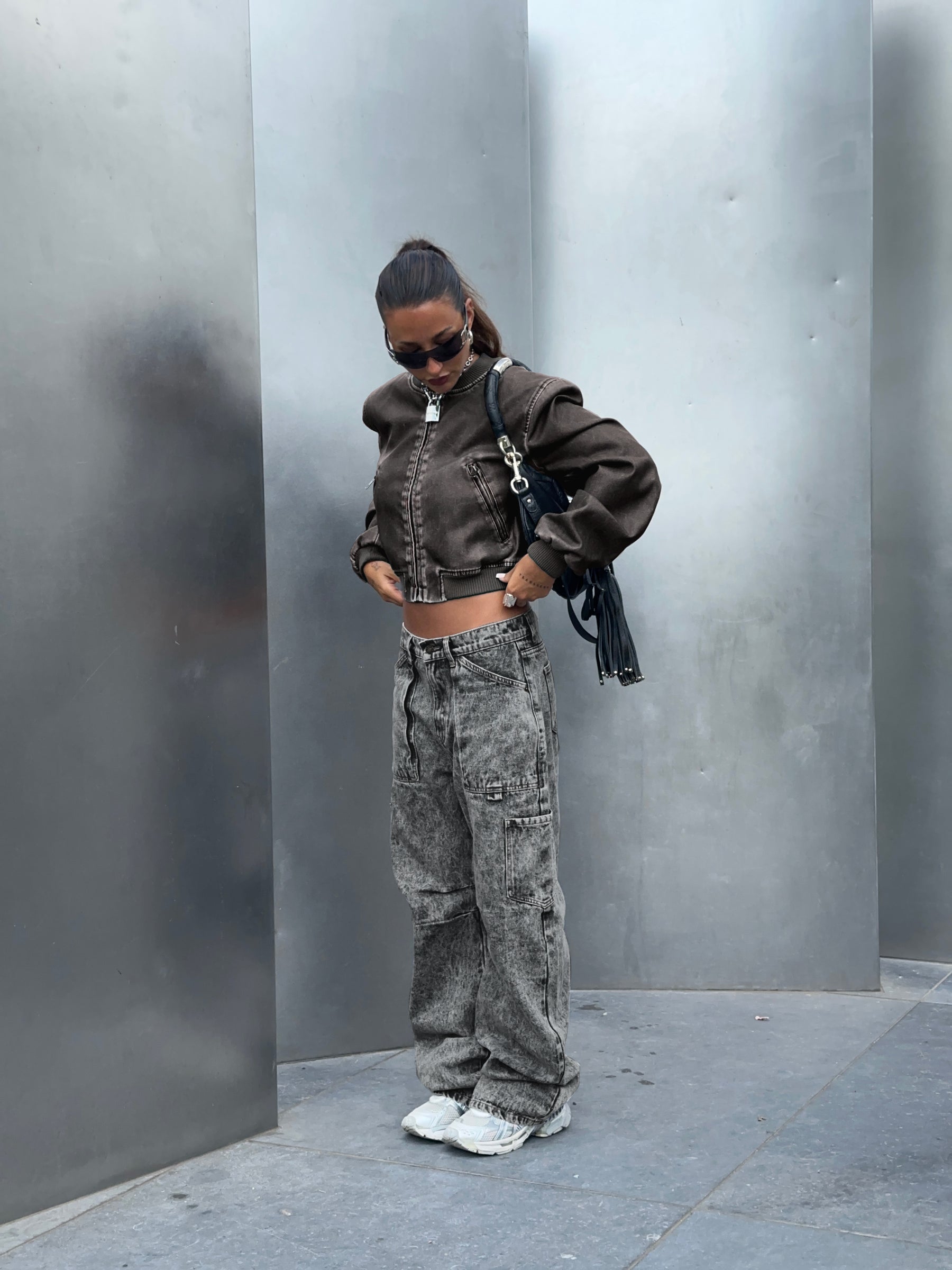 Faux leather bomber jacket High neckline, zip fastening, twin hip pockets, elasticated waistband and cuff Non-stretch material, fully lined 