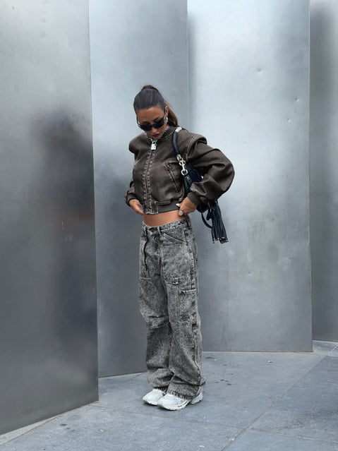 Faux leather bomber jacket High neckline, zip fastening, twin hip pockets, elasticated waistband and cuff Non-stretch material, fully lined 