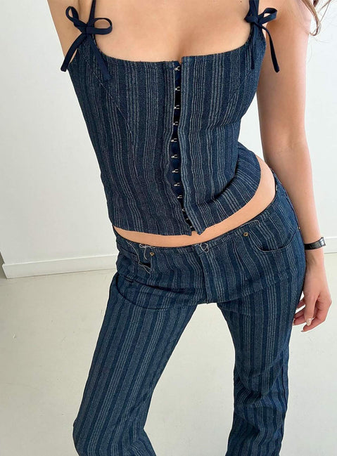 back view of model wearing Princess Polly Charismatic Denim Corset Dark Pinstripe Sleeveless Square Neck 