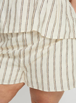Princess Polly Curve  Striped linen set Halter neck top, tie fastening, elasticated band under bust, v-neckline High-rise shorts, elasticated waistband, twin hip pocket Non-stretch material, partially lined  Princess Polly Lower Impact
