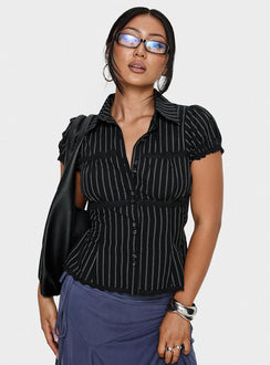 Deserve You Puff Sleeve Button Front Top Black Stripe