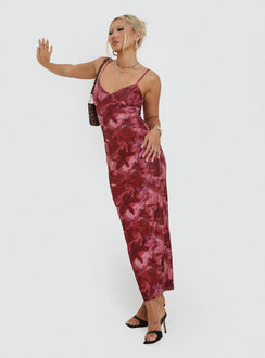 front view of model wearing Princess Polly Hathaway Maxi Dress Burgundy Floral V-Neck 