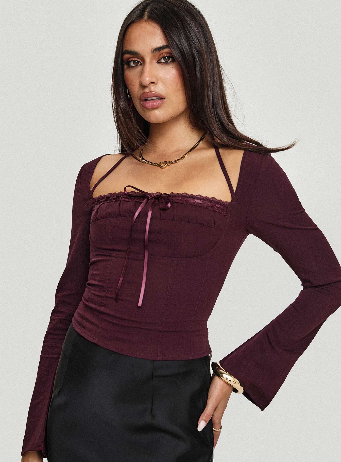 front view of model wearing Princess Polly Trynia Long Sleeve Top Burgundy Full Sleeves Square Neck 