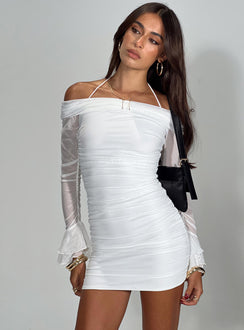 front view of model wearing Princess Polly Taylon Off The Shoulder Mini Dress White Straight Neck 