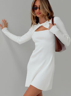 side view of model wearing Princess Polly Valeriya Long Sleeve Knit Mini Dress White High Neck 
