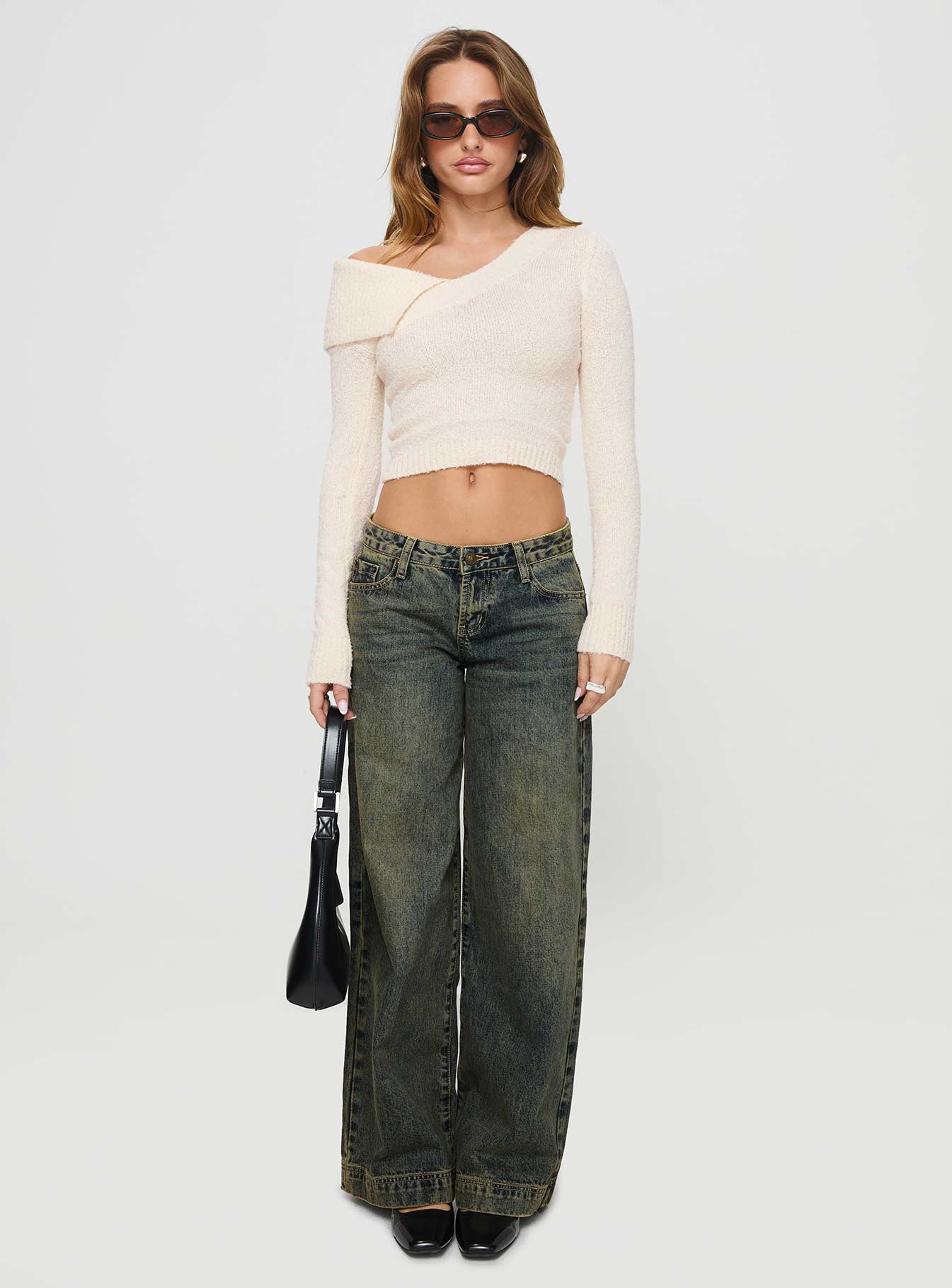 front view of model wearing Princess Polly Ribbon Stamp Wide Leg Jeans Antique Wash Mid Rise 