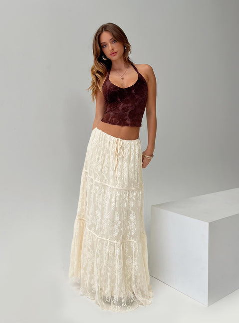  front view of model wearing Princess Polly Oh Plisse Maxi Skirt Cream Maxi 