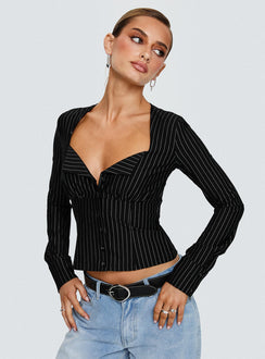 front view of model wearing Princess Polly Set For Life Foldover Detail Long Sleeve Top Black / White Pinstripe Full Sleeves V-Neck 