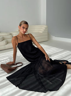 front view of model wearing Princess Polly Iskra Drop Waist Maxi Dress Black Square Neck 