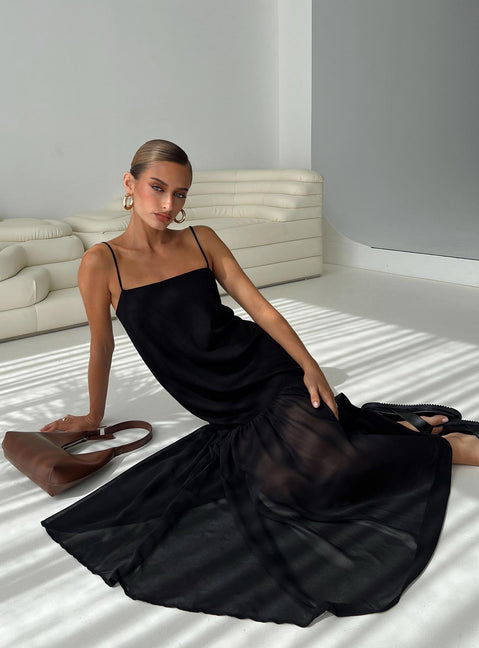 front view of model wearing Princess Polly Iskra Drop Waist Maxi Dress Black Square Neck 