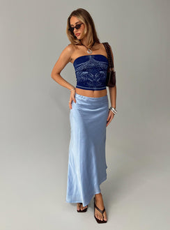   side view of model wearing Princess Polly Resistance Asymmetrical Maxi Skirt Blue Maxi 