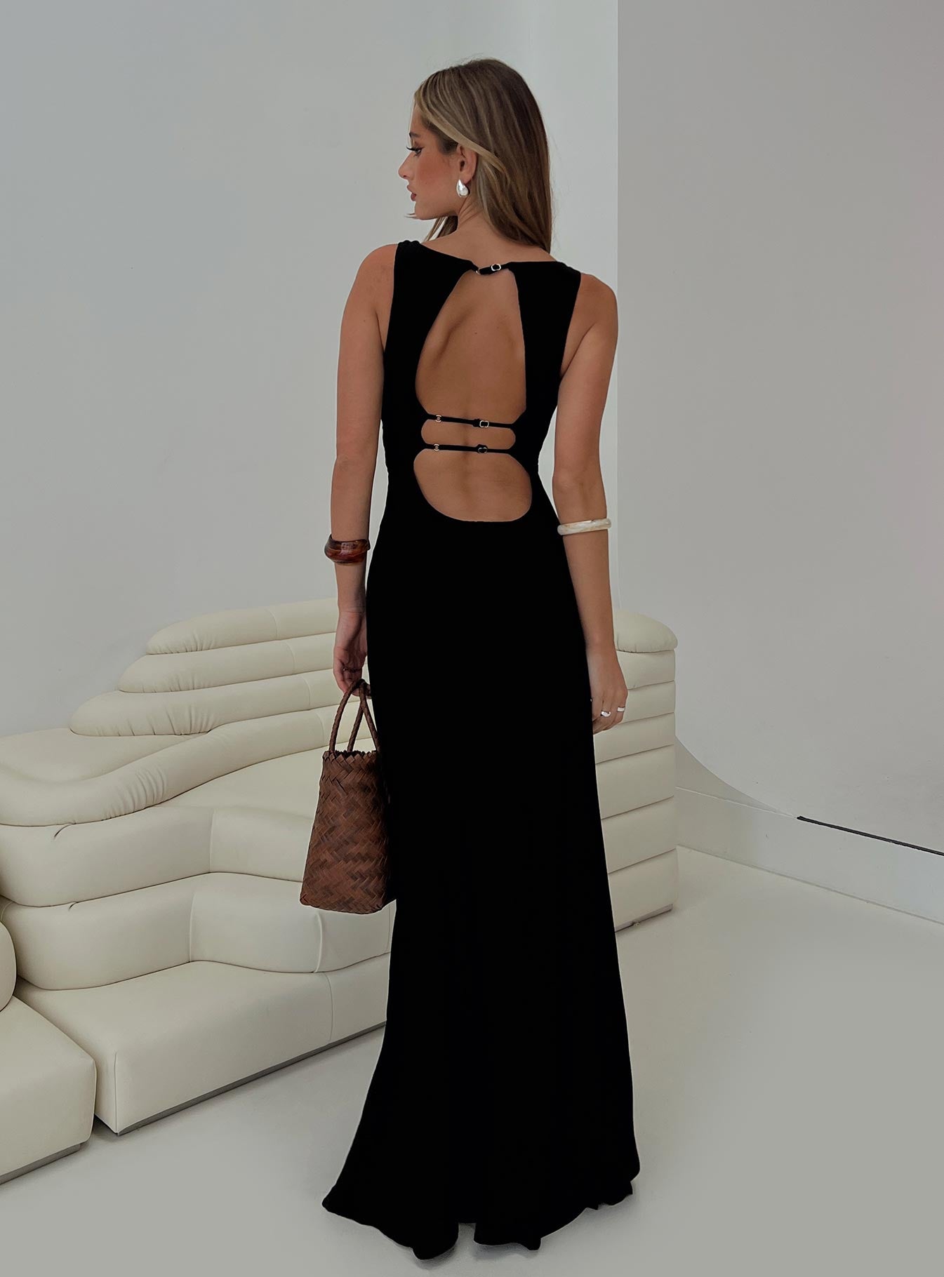 back view of model wearing Princess Polly Ace Of Hearts Backless Maxi Dress Black Petite Crew Neck 