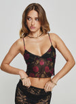 Crop top Floral print, mesh material, adjustable straps, lace trim detail Good stretch, lined bust Princess Polly Lower Impact 