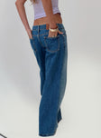 back view of model wearing Princess Polly Ferris Two-toned Straight Leg Jean Blue Wash Denim Low Rise Jeans 