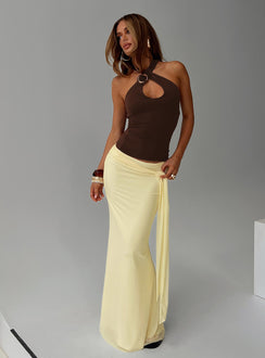   side view of model wearing Princess Polly Caviar Tie Maxi Skirt Lemon 