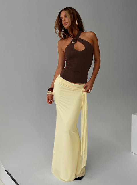   side view of model wearing Princess Polly Caviar Tie Maxi Skirt Lemon 