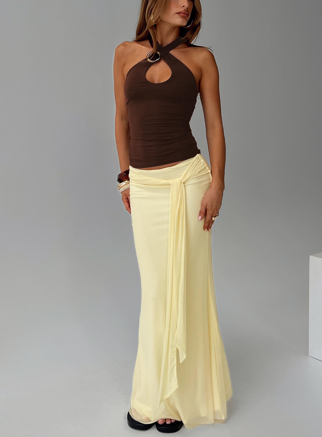 front view of model wearing Princess Polly Quell Top Chocolate Sleeveless Asymmetric Neckline 