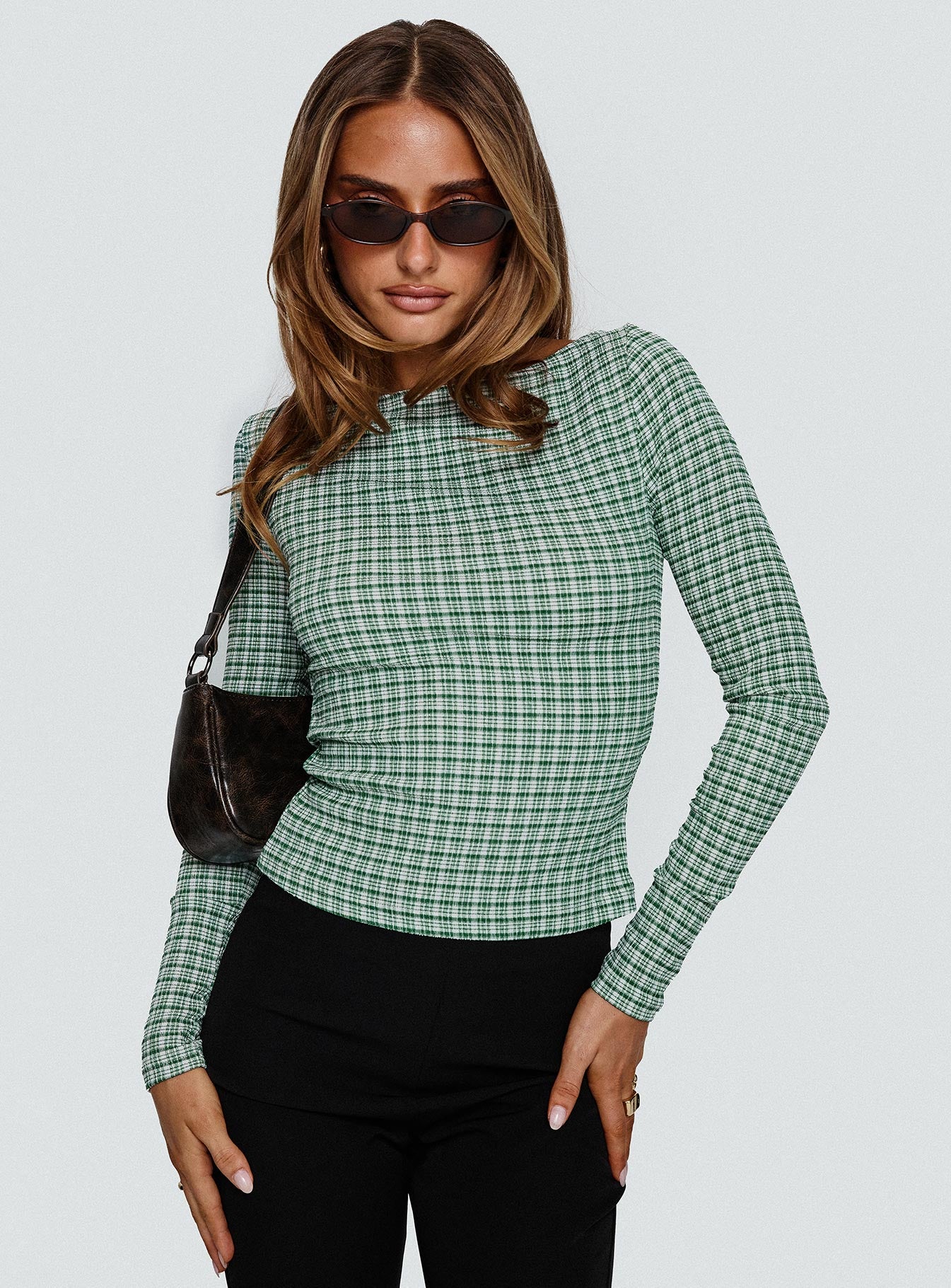 front view of model wearing Princess Polly Every Second Boat Neck Long Sleeve Top Green Check Full Sleeves Boat Neck 