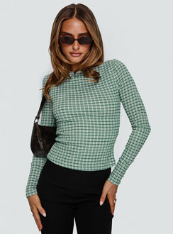 front view of model wearing Princess Polly Every Second Boat Neck Long Sleeve Top Green Check Full Sleeves Boat Neck 