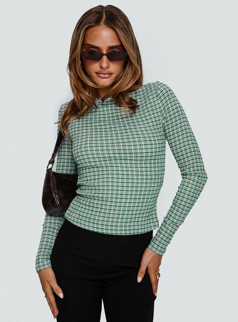 front view of model wearing Princess Polly Every Second Boat Neck Long Sleeve Top Green Check Full Sleeves Boat Neck 