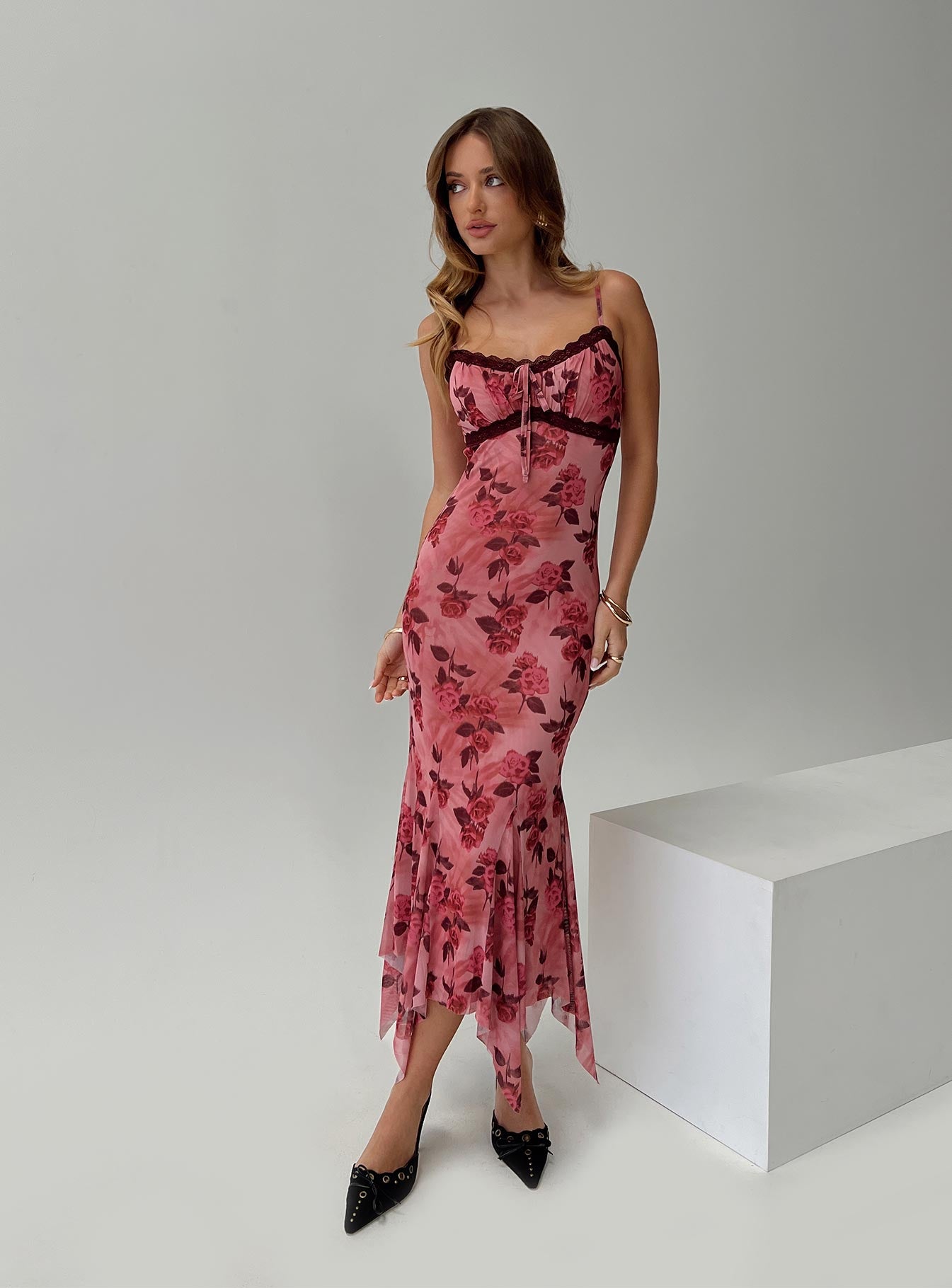 front view of model wearing Princess Polly Eirini Maxi Dress Pink Floral V-Neck 