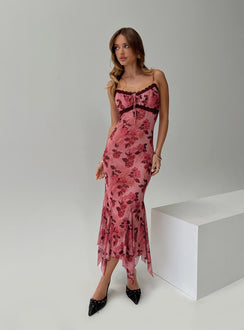 front view of model wearing Princess Polly Eirini Maxi Dress Pink Floral V-Neck 