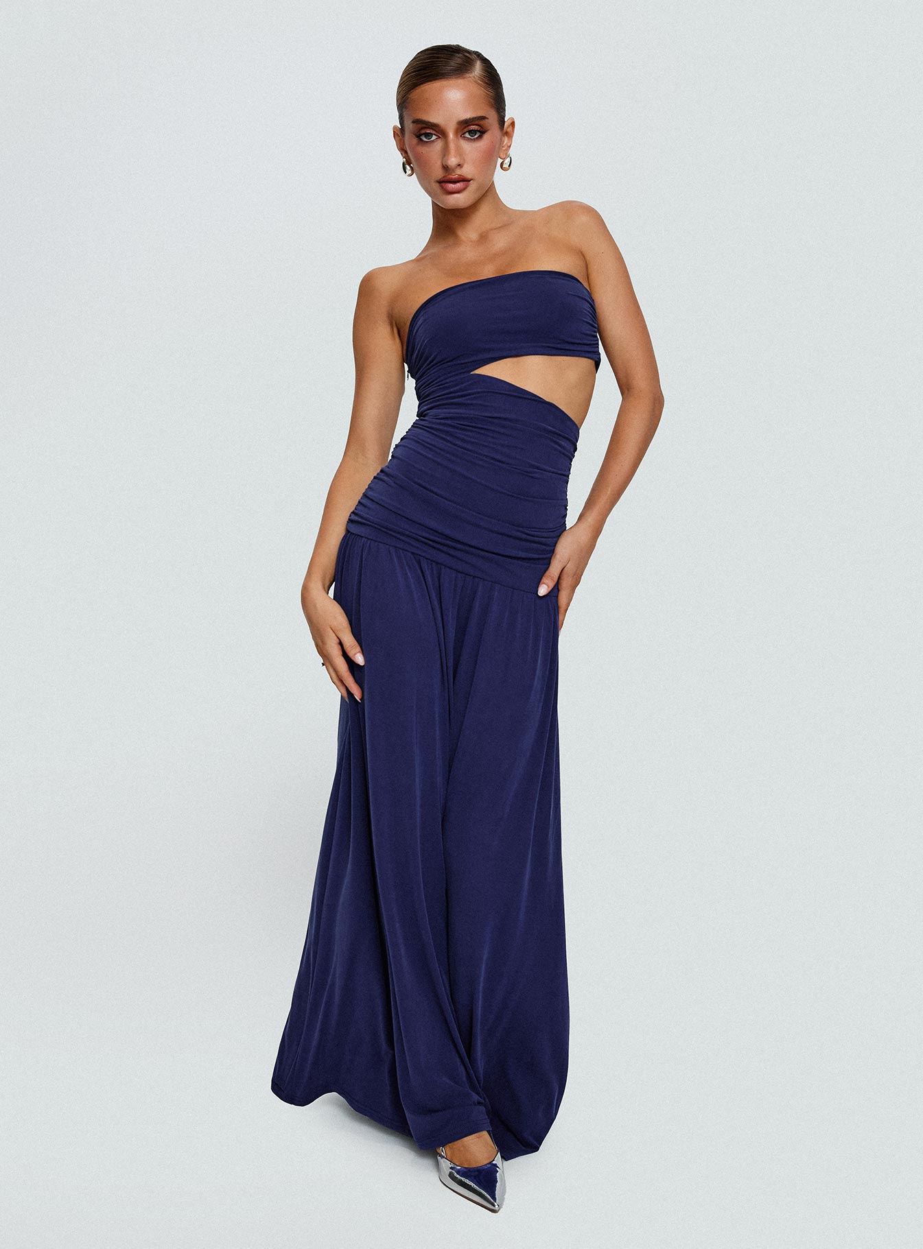 side view of model wearing Princess Polly Grandeur Strapless Maxi Dress Navy Straight Neck 