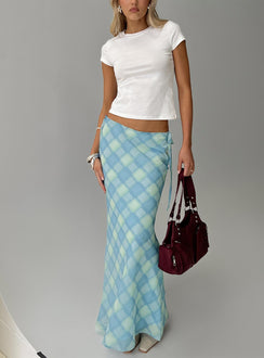 back view of model wearing Princess Polly Seafarer Tie Side Maxi Skirt Blue Check Maxi 