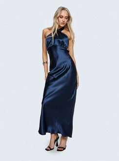 front view of model wearing Princess Polly Rosaminta Halter Maxi Dress Cobalt Blue Asymmetric Neckline 