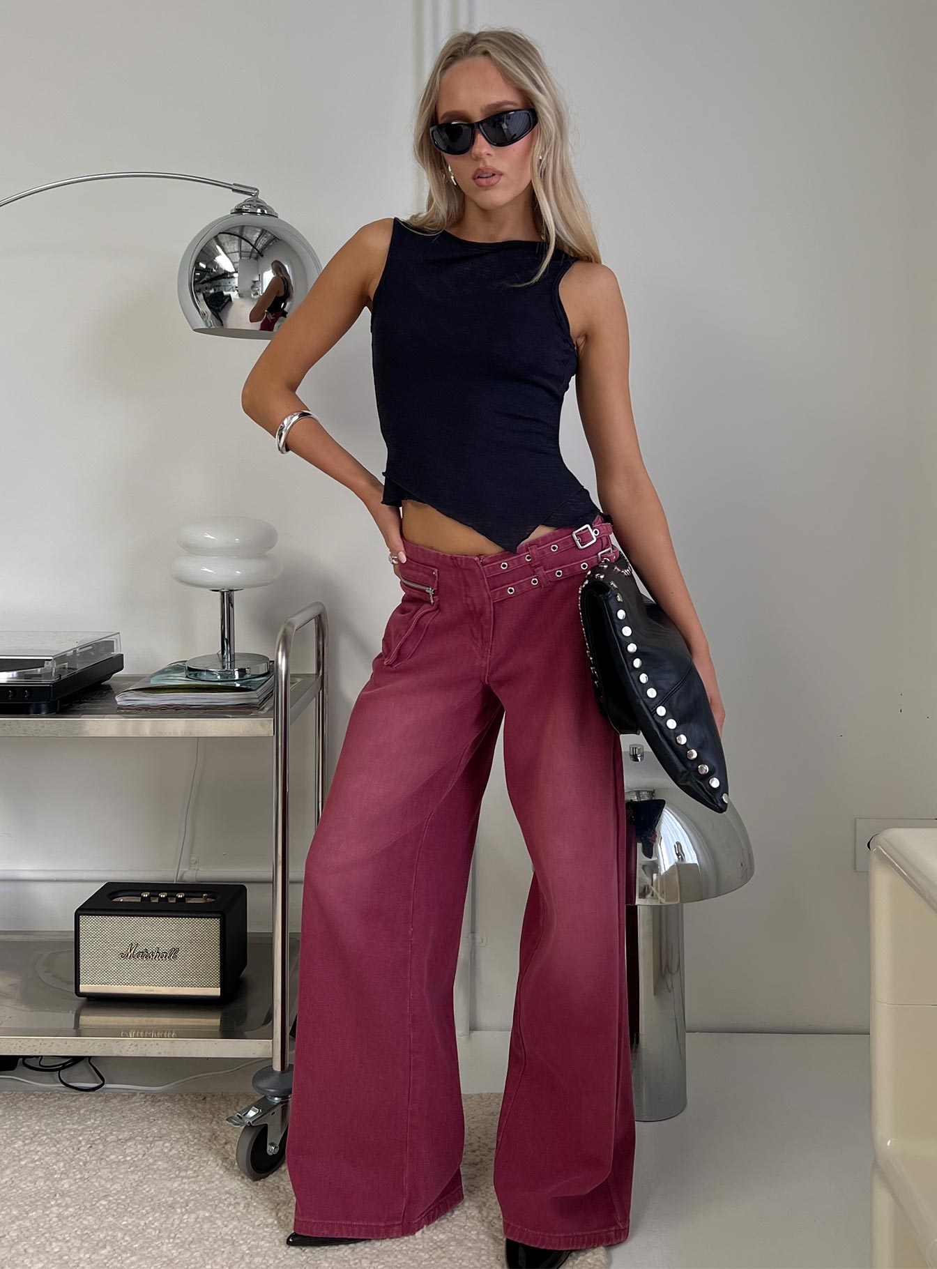 front view of model wearing Princess Polly Paltrow Mid Rise Wide Leg Cargo Jeans Washed Burgundy Mid Rise Jeans 