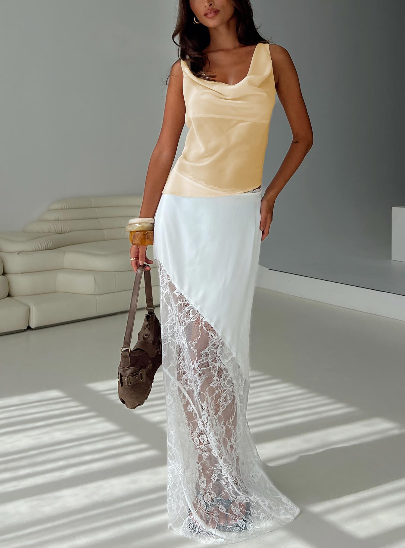  front view of model wearing Princess Polly Castelli Lace Maxi Skirt White Maxi 