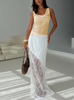   front view of model wearing Princess Polly Castelli Lace Maxi Skirt White Maxi 