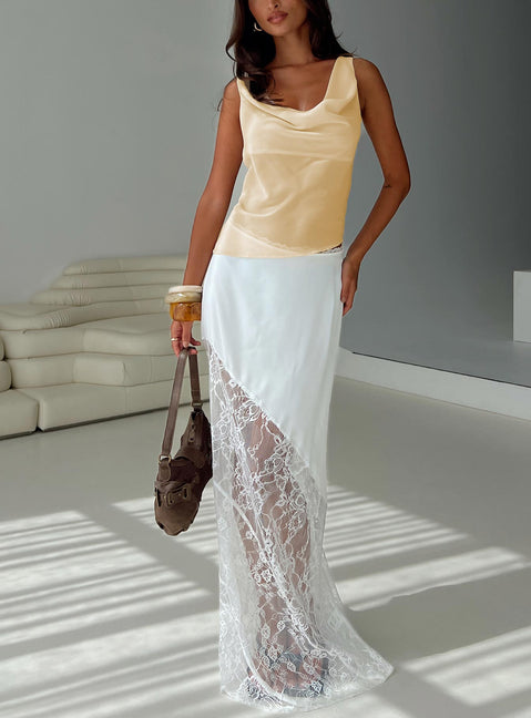   front view of model wearing Princess Polly Castelli Lace Maxi Skirt White Maxi 