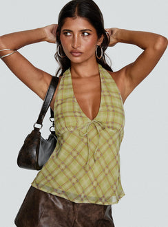 front view of model wearing Princess Polly Amalthea Top Green Check Sleeveless Plunger 