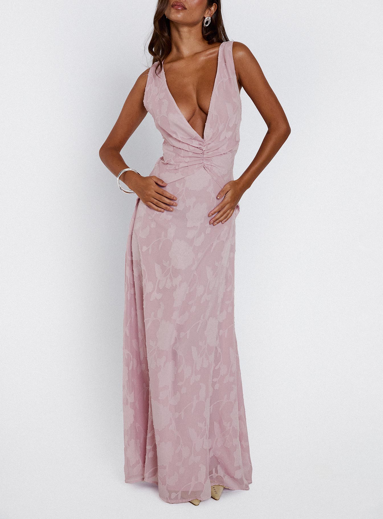 front view of model wearing Princess Polly Frederica Plunge Burnout Maxi Dress Mauve Plunger 