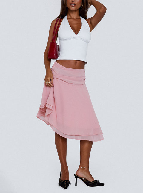   front view of model wearing Princess Polly Evanescence Asymmetrical Midi Skirt Pastel Pink Midi Skirts 